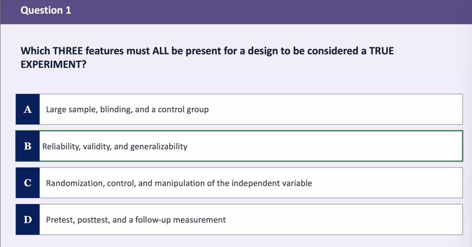 <p>which 3 features must all be present for a design to be considered a true experiment</p>