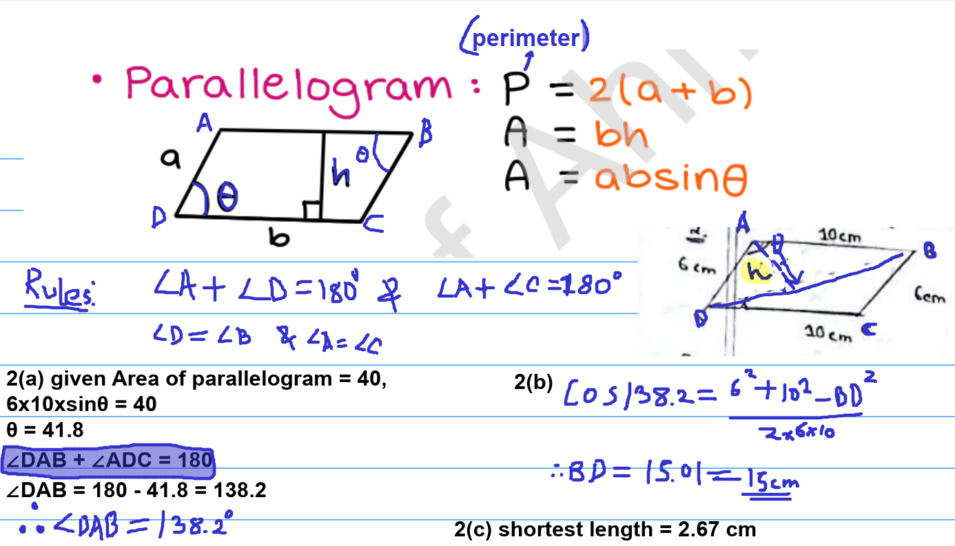 <p><strong>c.</strong> The <strong>shortest distance</strong> from <span style="font-size: inherit;">$$A$$</span> to the diagonal <span style="font-size: inherit;">$$BD$$</span> is the perpendicular distance. Let's call this distance <span style="font-size: inherit;">$$h$$</span>. The area of triangle <span style="font-size: inherit;">$$ABD$$</span>:<strong> </strong><span style="font-size: inherit;"><strong>$$\frac{1}{2} \times AB \times AD \times \sin(\angle DAB)$$</strong></span><strong> </strong><br>OR <mark data-color="yellow" style="background-color: yellow; color: inherit;">Since area of parallelogram = 40 cm</mark><span style="font-size: inherit;"><mark data-color="yellow" style="background-color: yellow; color: inherit;">$$^2$$</mark></span><mark data-color="yellow" style="background-color: yellow; color: inherit;">, the area of triangle </mark><span style="font-size: inherit;"><mark data-color="yellow" style="background-color: yellow; color: inherit;">$$ABD$$</mark></span><mark data-color="yellow" style="background-color: yellow; color: inherit;"> is half that, which is 20 </mark><span style="font-size: inherit;">$$\operatorname{cm}^2$$ </span></p><p>Area of triangle <span style="font-size: inherit;">$$ABD = \frac{1}{2} \times BD \times h = 20$$ </span><br><span style="font-size: inherit;">$$20 = \frac{1}{2} \times 15.0 \times h$$</span><br><span style="font-size: inherit;">$$40 = 15.0 \times h$$</span><br><span style="font-size: inherit;">$$h = \frac{40}{15.0} \approx 2.67$$</span> cm<br></p><p>Ans: shortest length = <strong>2.67 cm</strong></p>