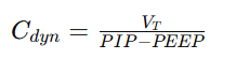 <ul><li><p>measurement of the elastic properties of the AIRWAYS</p></li><li><p>Equation: tidal volume / peak inspiratory pressure (PIP) (minus PEEP)</p><ul><li><p>NOTE: an increase in peak inspiratory pressure will DECREASE compliance</p></li></ul></li></ul><p></p>