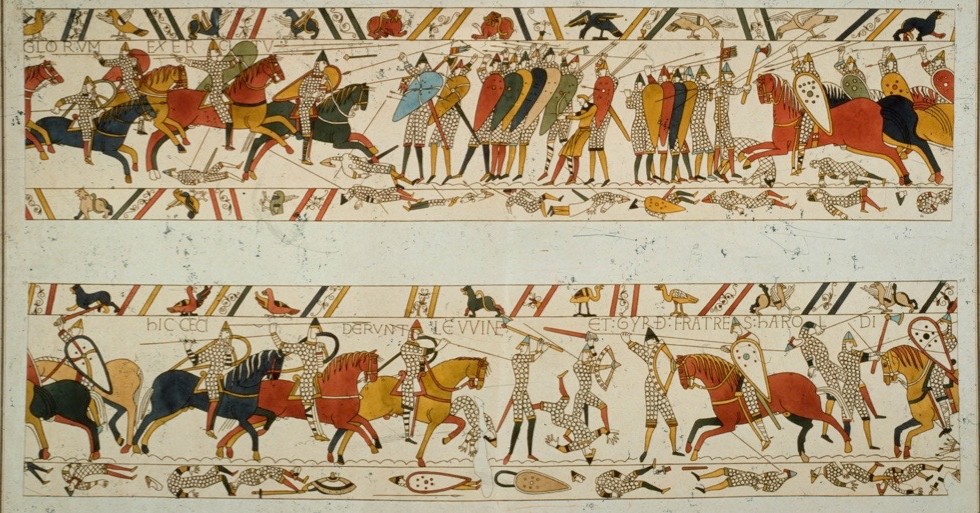 <p>Romanesque</p><p></p><p>Wool embroidery</p><p></p><p>commissioned by bishop odo of baeyeux to validate the Norman conquest of England. Political propaganda</p>