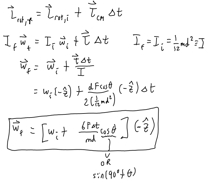 <p>angular momentum update formula and set L = Iw to find w_f.</p>