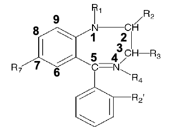 <p>Which of the following statements concerning SAR of benzodiazepines is correct?</p><p>A. bulky alky substitutions at R1 increase activity</p><p>B. an EWG at R2’ of aryl ring increases activity</p><p>C. O, S, or N substituents at R2 increase lipophilicity of benzos</p><p>D. substitution at R6 is required for sedative activity</p><p>E. the saturation of 4,5 double bond increases sedative activity</p>