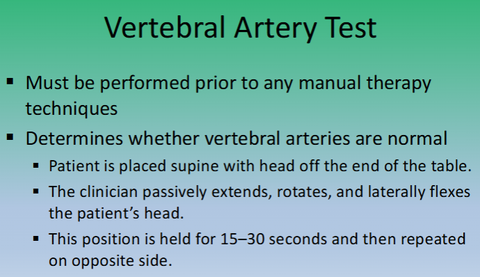 <p><span><br>The test is positive for vertebral artery insufficiency if<br>the patient experiences:<br></span><span data-name="black_small_square" data-type="emoji">▪</span><span> Dizziness, nausea, lightheadedness, blurred vision, or<br>nystagmus<br></span><span data-name="black_small_square" data-type="emoji">▪</span><span> Side being tested is opposite the direction the head<br>is rotated toward.</span></p>