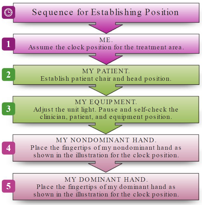 <ol><li><p><strong>ME</strong></p></li></ol><ul><li><p>Assume clock position for the treatment areas</p></li></ul><ol start="2"><li><p><strong>MY PATIENT </strong></p></li></ol><ul><li><p>Establish patient chair and head position</p></li></ul><ol start="3"><li><p><strong>MY EQUIPMENT </strong></p></li></ol><ul><li><p>Adjust light. Pause and self check clinician, patient, and equipment position.</p></li></ul><ol start="4"><li><p><strong>MY NON—DOMINANT HAND </strong></p></li></ol><ul><li><p>Place fingertips of nondominant hand according to clock positions</p></li></ul><ol start="5"><li><p><strong>MY DOMINANT HAND</strong></p></li></ol><ul><li><p>Place fingertips of dominant hand according to clock positions </p></li></ul><p></p>