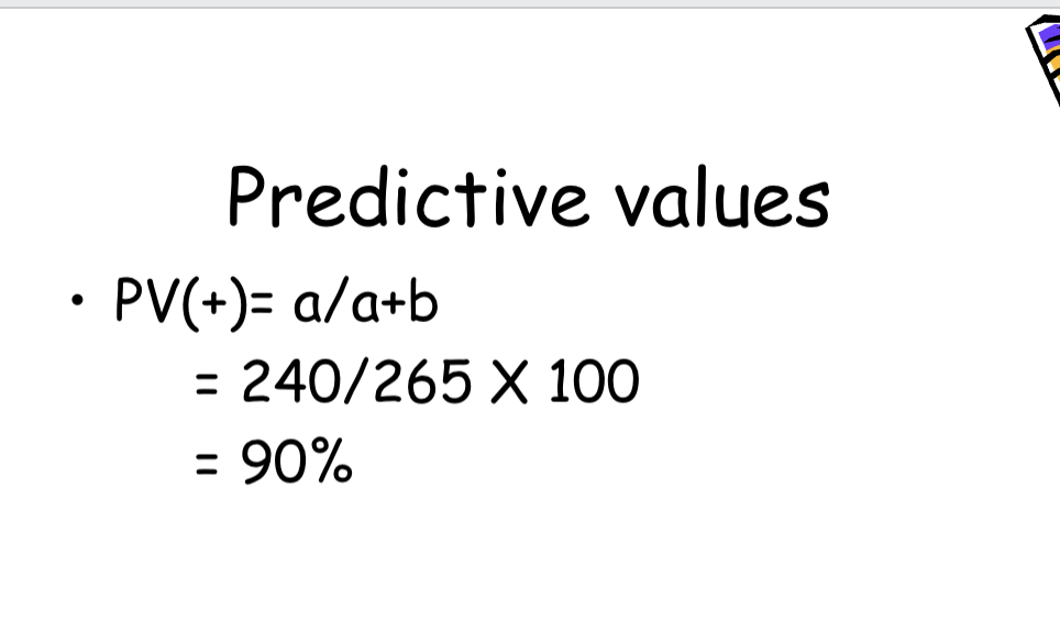 <ul><li><p><span style="background-color: transparent;">Sensitivity and specificity</span></p><ul><li><p><span style="background-color: transparent;">Stable properties of screening tests, unaffected by prevalence of the disease</span></p></li><li><p><span style="background-color: transparent;">If you want to know who actually has the disease, you look at the gold standard rather than the screening test is saying</span></p></li></ul></li></ul><p>Predicitve value (+) interpretation: among this screened population, 90% of those who screened positive for diabetets by fasting blood glucose screening test truly have diabetes</p><img src="https://assets.knowt.com/user-attachments/618a2606-0a60-414a-ae69-75536f004539.png" data-width="100%" data-align="center"><p></p>