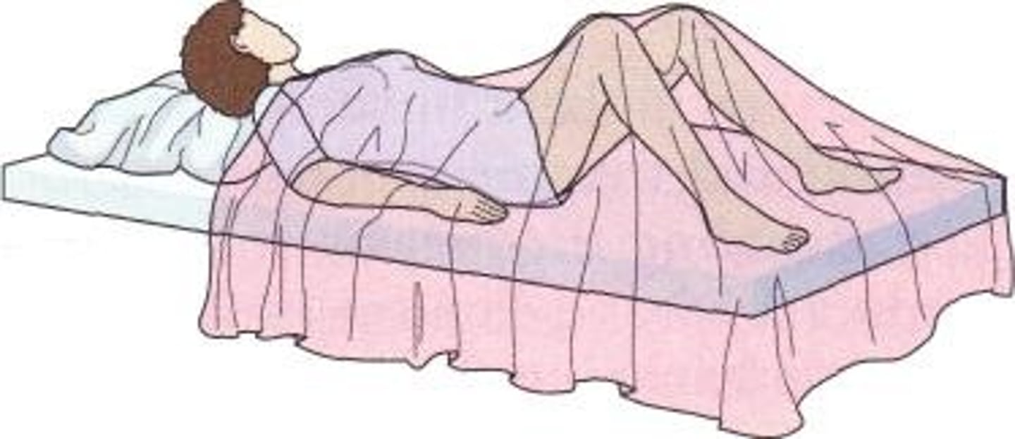 <p>lying flat on back with knees bent</p><p>- catheterizations</p><p>- genital examination of younger children, adolescents</p>