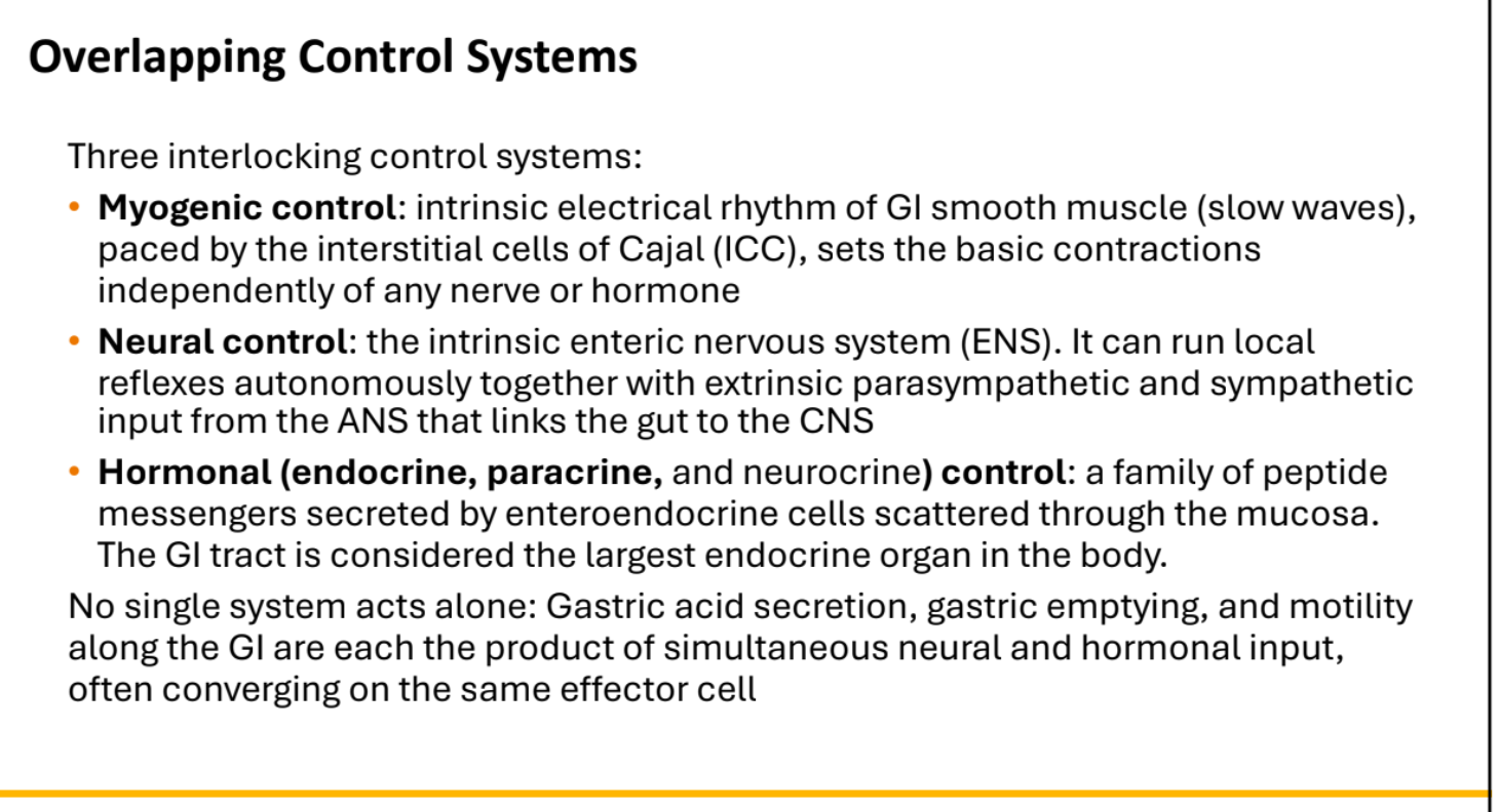 <ol><li><p>Gastric acid secretion</p></li><li><p>gastric emptying</p></li><li><p> motility </p></li></ol><p></p>