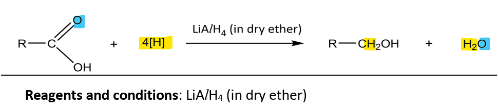 <p>RnCs: LiAlH<sub>4</sub> (Lithium aluminium hydride)</p><p>Note:</p><ul><li><p>cannot reduce carboxylic acids to aldehydes</p></li><li><p>weaker reducing agents such as NaBH<sub>4</sub> or H<sub>2</sub> with catalyst cannot reduce (FYI: lithium is more electronegative than boron, more negative charge is borne by H atom, making LiAlH<sub>4</sub> a stronger RA)</p></li></ul><p></p>