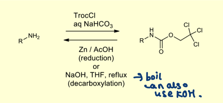 <p>describe the mechanism of amine protection with TROC</p>
