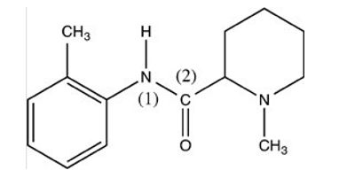 <p>What is the shape around the N (1) atom and around the C (2) atom in the structure of mepivacaine given below?</p>