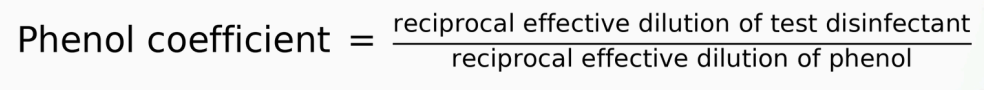 <ul><li><p>The phenol coefficient is the ratio of the test disinfectant’s effectiveness to phenol’s effectiveness (reciprocal effective dilution of test disinfectant/reciprocal effective dilution of phenol)</p></li><li><p>Both agents are tested against the same organism in the same conditions</p></li></ul><p></p>