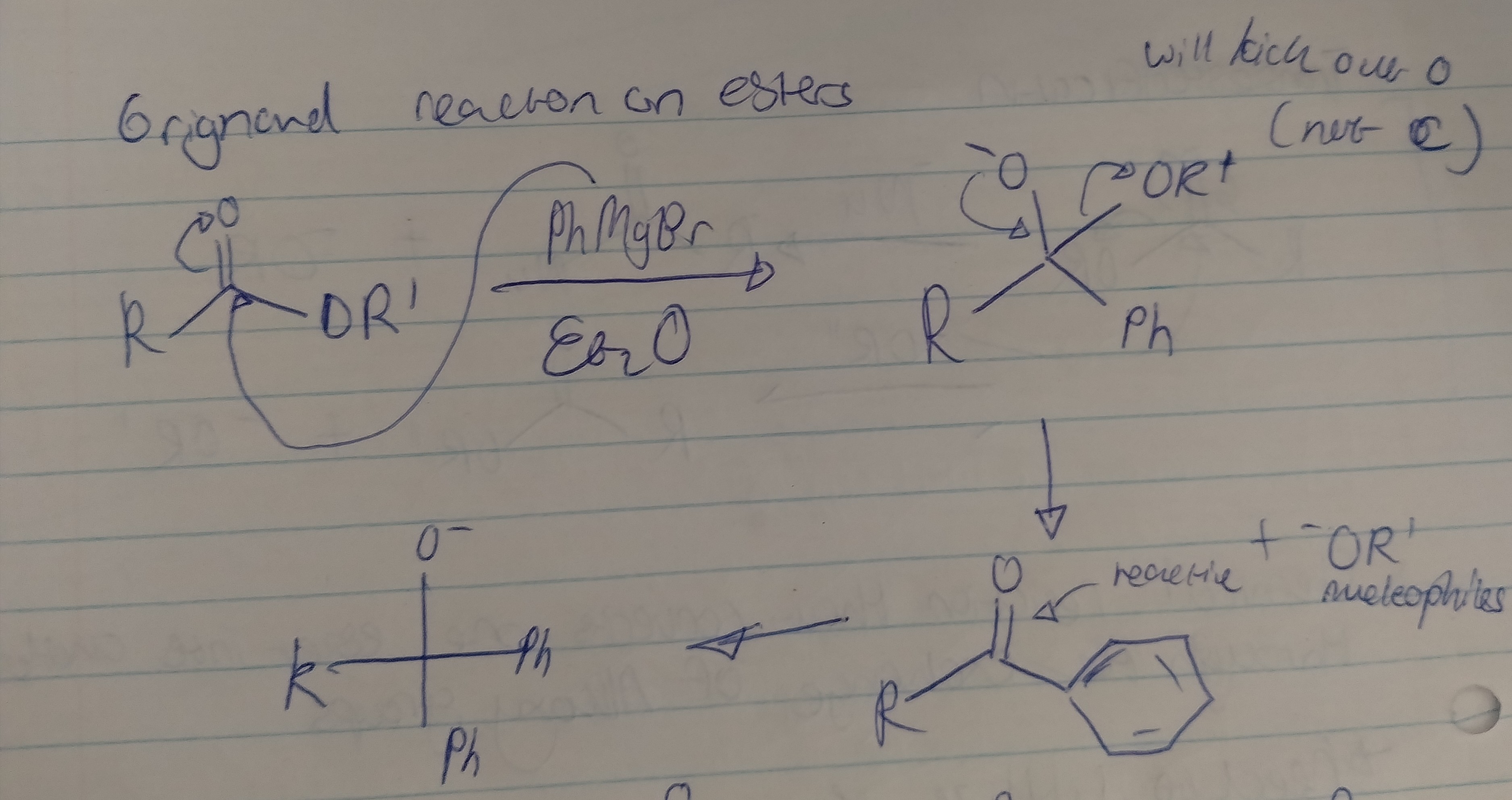 <p>The product of this reaction is a ketone, which is highly reactive and will continue to react with the Grignard reagent, resulting in an alkoxide. A ketone can be formed using Grignard reagent when reacting it with a Weinreb amide. </p>