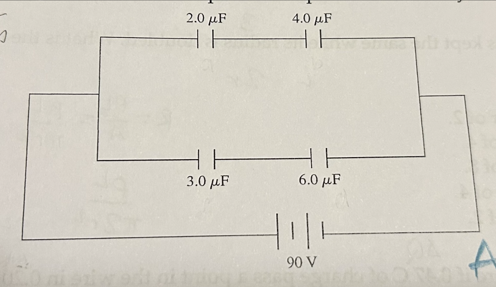 <p>A system of 4 capacitors is connected across a 90V voltage source as shown in the figure. What is the equivalent capacitance of this system? (Round to 2 significant figures)</p>