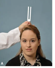 <p>Strike a tuning fork and place it at the midline of the head or forehead. Then ask pt where the sound is heard best (right ear, left ear, or equally)</p>