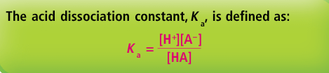 <p>expresses the strength of an adic/how well it donates protons</p><p>when K<sub>a</sub> < 0.01 it is generally considered a weak acid</p><p>the larger the value of K<sub>a</sub> the higher the concentration of H<sup>+ </sup>and the stronger the acid</p><p></p>