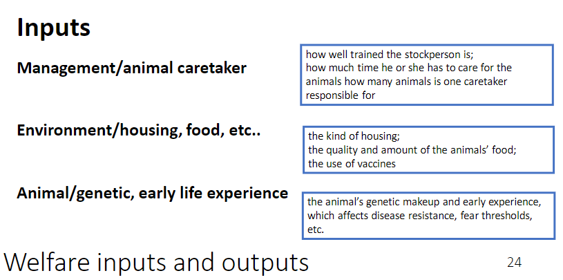 <p><strong>Management / Animal Caretaker</strong><br> <strong>Training</strong>, <strong>time available</strong>, number of animals per caretaker</p><p><strong>Environment / Housing / Food</strong><br> <strong>Housing type</strong>, quality and quantity of <strong>food</strong>, use of <strong>vaccines</strong></p><p><strong>Animal Factors</strong><br> <strong>Genetics</strong> and <strong>early life experience</strong> – affect <strong>disease resistance</strong>, <strong>fear thresholds</strong>, and overall welfare</p>
