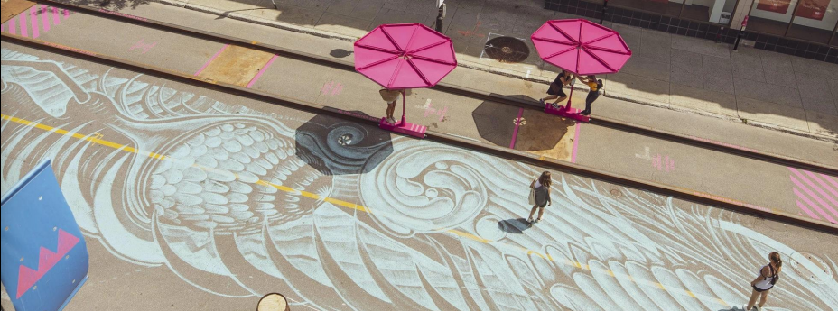 <p>a slow means of public transportation inviting passerby to glide oversized parasols along a rail to negotiate and gather in delightful ways. </p>