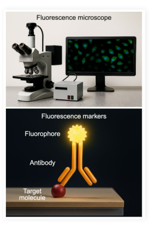 <p>View <strong>live cells </strong>that are tagged with <strong>fluorophores</strong></p><p></p><ul><li><p><strong>Cellular components </strong>are <strong>visible </strong>with this method</p></li></ul><p></p>