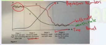 <p>Which stage on the graph shows a time when both the birth rates and the death rates are close together: 1, 2, 3 or 4?</p>