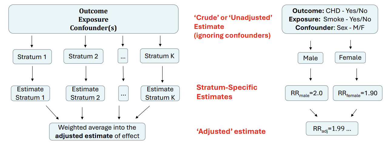 <p>Obsolete given computational advances, regression is far more common</p><p></p><p>We produce strata within which the confounders do not vary.(e.g. produce a strata for each combination of binary confounders, categorise continuous confounders into strata)</p><p></p><p>Within each stratum, assess the level of association between the exposure and the outcome and obtain stratum-specific estimates (e.g. RR for binary outcome, mean difference for continuous)</p><p></p><p>Combine the stratum-specific association measures to produce a weighted or ‘adjusted’ measure of the association between the exposure and the outcome. Usually, inverse variance weighting is used, where stratum-specific estimates are weighted by the inverse of their stratum-specific variances.</p><p></p><p>The key assumption is that the effect of the exposure is the same within each stratum of the confounding variable. Any differences in the estimates are assumed to arise due to chance only. </p>