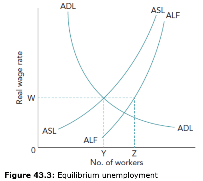 <ul><li><p>ADL matches ASL at a real wage rate of W</p></li><li><p>ALF includes those prepared to prepared to work at the real wage rate of W and able to find a job, also including natural unemployment</p></li><li><p>Shows that at a wage rate of W, Y number of workers are employed.</p></li><li><p>There is unemployment of YZ workers - these are workers experiencing voluntary, frictional and structural unemployment</p></li><li><p>In this case, unemployment is arising due to problems on the supply-side</p></li></ul><p></p>