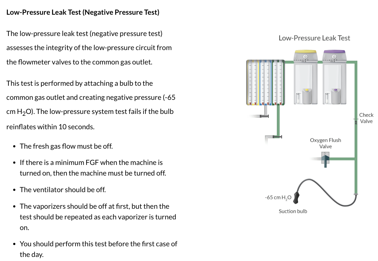 <p>How is the negative-pressure (low-pressure) leak test performed?</p>