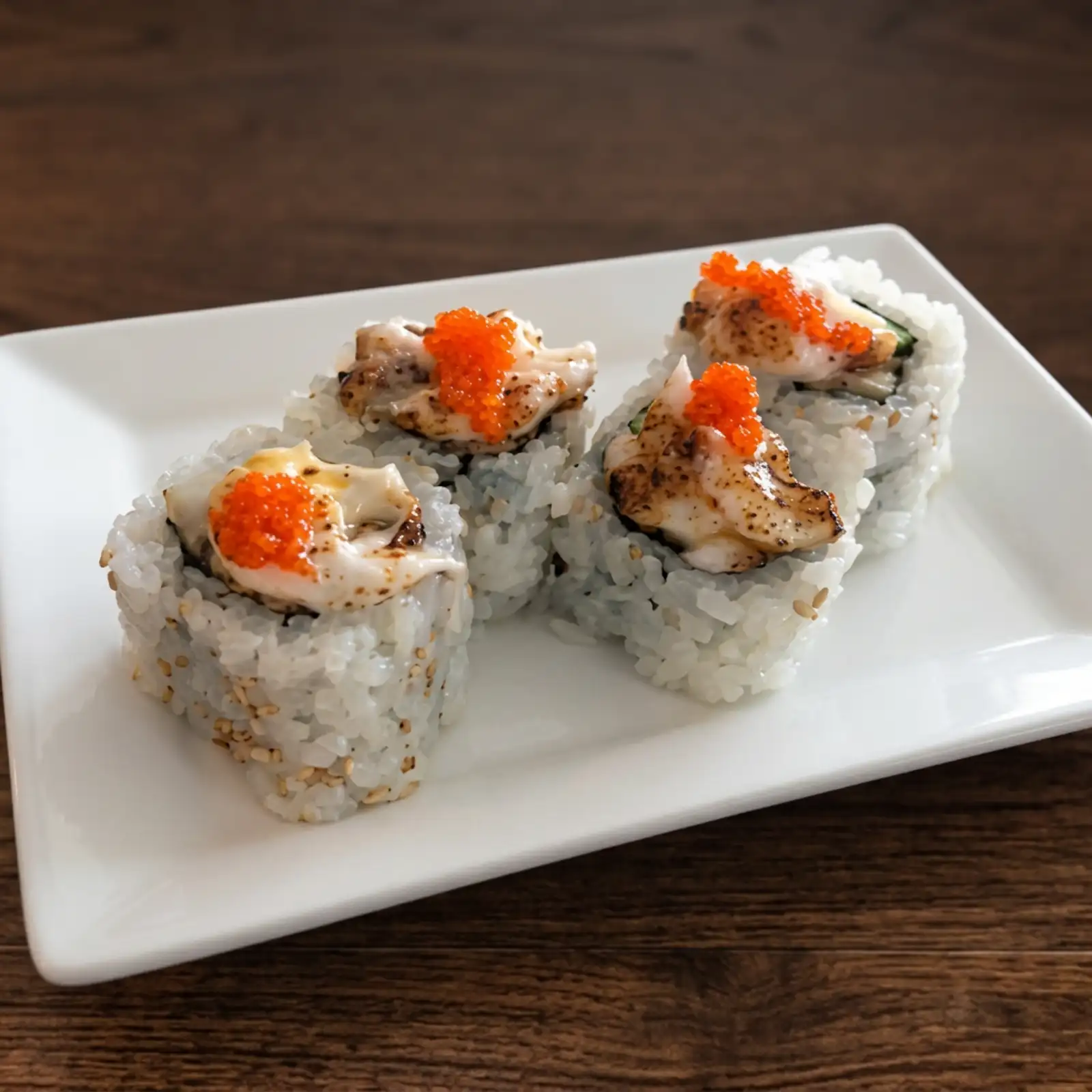 <p>baked king mushroom, avocado, seaweed pearls, and spicy sauce</p><p>6 pcs </p>