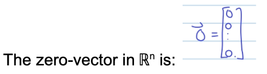 <p>A special vector in which all its components are zero. It serves as the additive identity in vector addition, meaning that adding the zero-vector to any vector gives the same vector. </p>