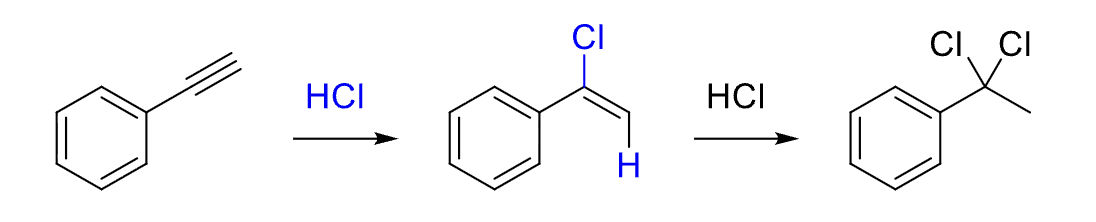 <p><strong>Markovnikov</strong></p><p><strong>1st addition Anti, 2nd not stereospecific</strong></p><p>Reactant: Alkyne</p><p><strong>Reagents: HX</strong></p><p>Mechanism: pi bond acts as a Nuc, attacks H of HX making a <strong>carbocation</strong> on the more substituted side. X anion acts as a Nuc and attacks carbocation, forming bond. If excess of HX, reaction continues with alkene, forming alkane with 2X<sub> </sub>on more substituted side.</p><p><strong>End Goal: Add HX across triple bond to from alkene (1 eq) or alkane (excess).</strong></p>
