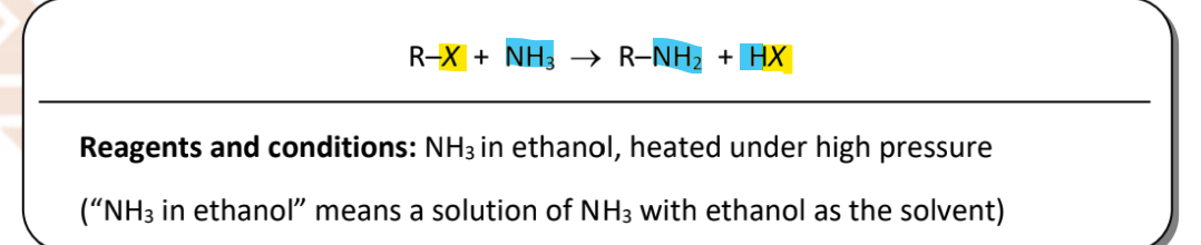 <p>RnCs: NH3 in ethanol, heated under high pressure</p><ul><li><p>ethanol is solvent for ammonia</p></li><li><p>as amines can readily react with halogenoalkane, further reactions can occur to form more subsituted amines (pri, sec, ter, qua)</p></li></ul><p></p>