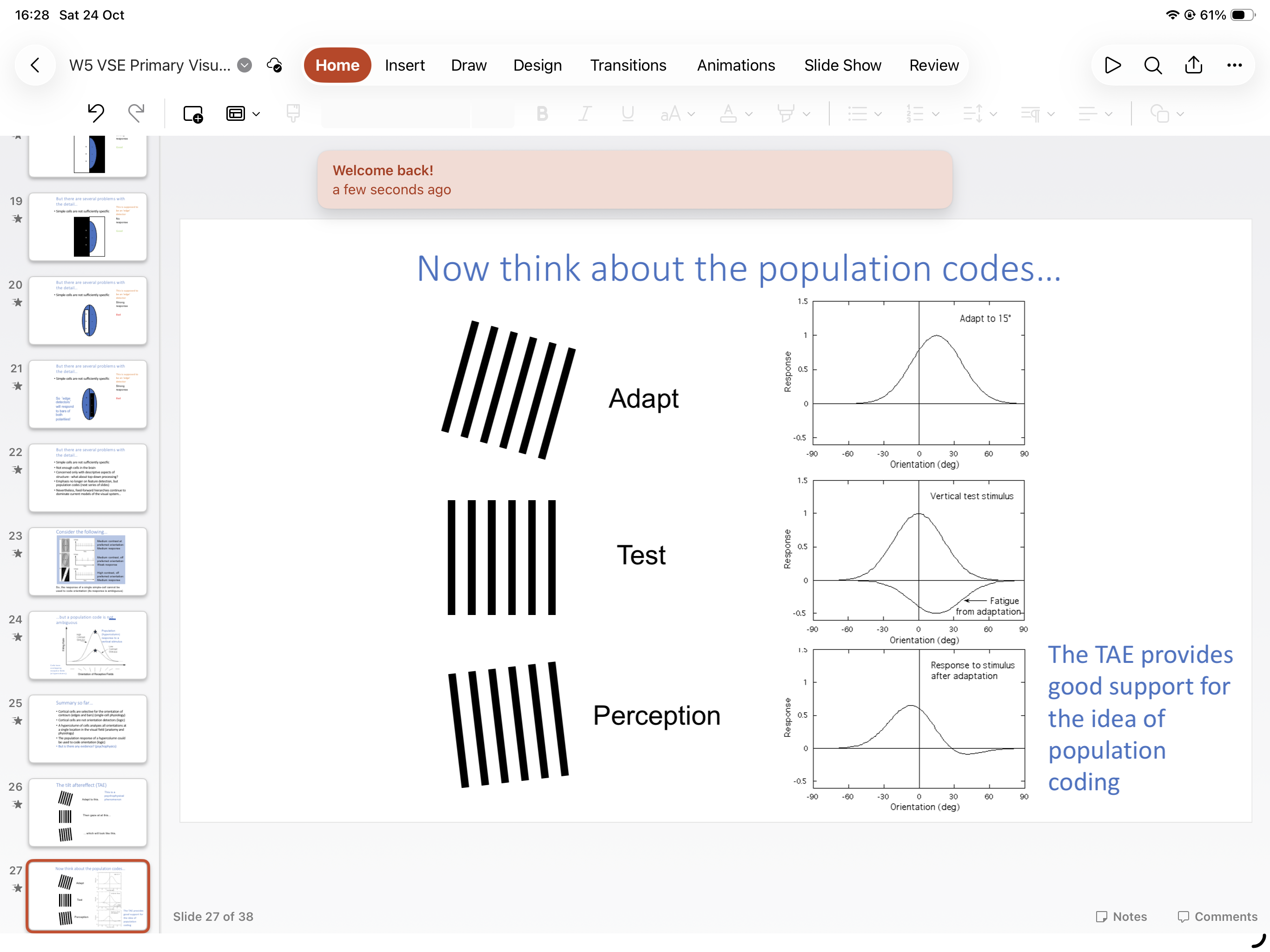 <ul><li><p>Cells get maximally fatigued- ones at the peak previously </p></li><li><p>Peak response shifts to the left </p></li><li><p>Supports idea of population coding </p></li></ul><p></p>