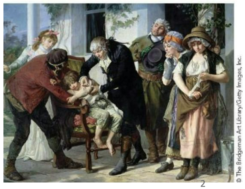 <p>History of <strong><em>vaccination</em></strong></p><ul><li><p>Smallpox (variola virus) is a historic illness plaguing humankind.</p><ul><li><p>It is viral in nature and easily transmitted via aerosols.</p></li><li><p>The mortality rate is up to 50 to 90%.</p></li></ul></li><li><p>Edward Jenner coined the term vaccination in 1798 with his work protecting people from smallpox.</p><ul><li><p>Jenner observed that milkmaids had smallpox less frequently than the rest of the population but they would get a lesser disease (cowpox).</p></li><li><p>He purposely infected a boy with cowpox, then later with smallpox—and the boy didn’t develop the disease.</p></li><li><p>He less risky than <strong><em>variolation</em></strong> practiced previously – purposeful inoculation of live smallpox virus into the skin or a vein or by inhalation through the nose</p></li></ul></li></ul><p></p>