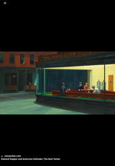 <p>In Nighthawks by Edward Hopper, an artist associated with American Realism, the strong contrast between the brightly illuminated diner and the surrounding darkness primarily creates:</p>
