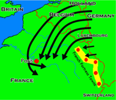 <p>Germany's tactical solution for avoiding a two-front war with France and Russia. Under this plan, drawn up in 1905, France would be forced to a quick surrender by a German invasion in the north.</p>