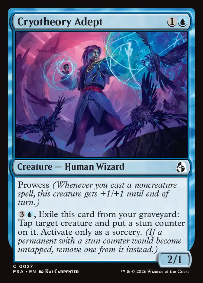 <p>Prowess <em>(Whenever you cast a noncreature spell, this creature gets +1/+1 until end of turn.)</em></p><p>{3}{U}, Exile this card from your graveyard: Tap target creature and put a stun counter on it. Activate only as a sorcery. <em>(If a permanent with a stun counter would become untapped, remove one from it instead.)</em></p>