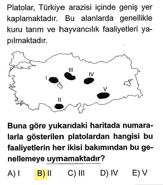 <p>II numaralı bölge yer şekilleri ve karstik yapısı nedeniyle yoğun tarıma uygun değildir. </p><p>Ancak buradaki temel sebep, Çatalca-Kocaeli (sanayi) veya karasallığın dışındaki özel durumlardır. </p><p><em>Not: Sorunun mantığına göre II numara karstik ve engebeli olduğu için klasik tarımdan ziyade kıl keçisi veya turizmle anılır.</em></p>
