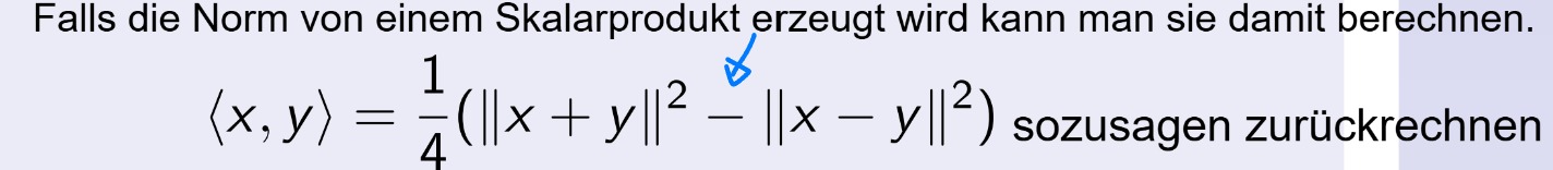 <p>Es gibt eine Gleichung, welche erfüllt ist, wenn es sich um eine induzierte Norm handelt. Das Skalarprodukt, dass diese Norm induziert, lässt sich dann zurückrechnen.</p>