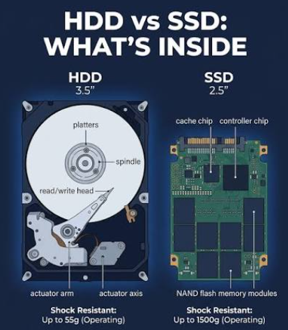 <p>SSDs use NAND flash memory chips with no moving mechanical parts, reading and writing data electronically using internal controller chips to manage memory cells."</p>