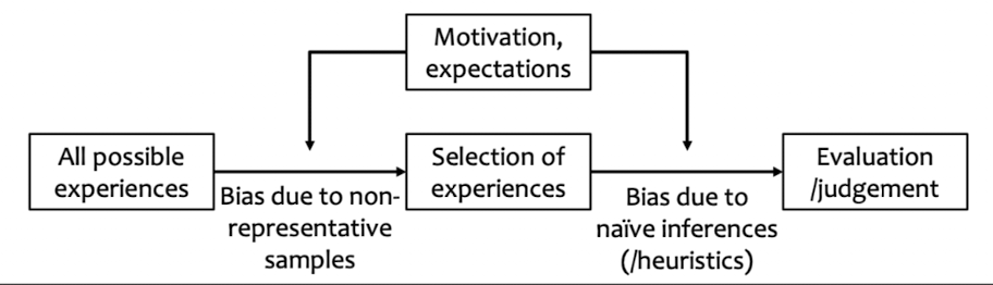 <p>many samples of information reflect motivated choices, meaning our motivation leads to be presented with information consistent with those views</p><p>example: we tend to choose the news channel associated with our political views, and are thereby receiving skewed information</p>