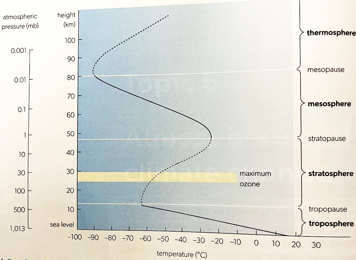 <p>(<em><u>highest —> lowest)</u></em></p><ul><li><p><strong>thermosphere</strong></p></li><li><p><strong>mesosphere</strong></p></li><li><p><strong>stratosphere</strong></p></li><li><p><strong>troposphere</strong> (most life reactions, <em>ozone formation + clouds)</em></p></li></ul><p></p>