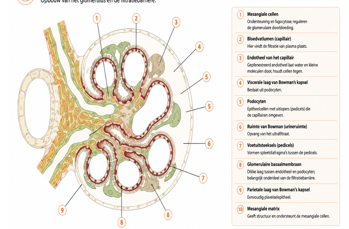 <p>geel = mesangium → geeft steun aan glom + zorgt dat ie open blijft staan </p>