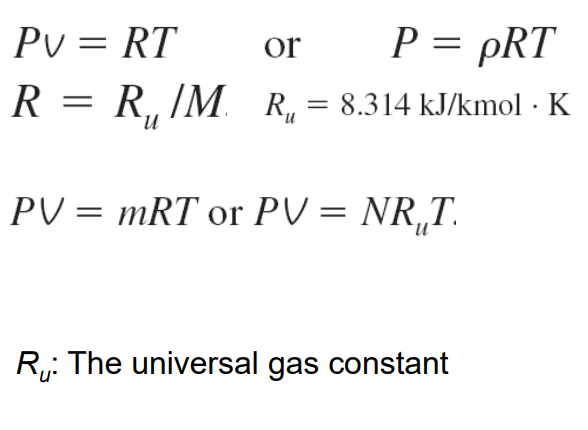 <ul><li><p>The densities of liquids are essentially constant, and thus they can often be approximated as being incompressible substances during most processes without sacrificing much in accuracy</p></li><li><p>How about density of gases??? </p></li><li><p>Equation of state: Any equation that relates the pressure, temperature, and density (or specific volume) of a substance. </p></li><li><p>Ideal-gas equation of state: The simplest and best-known equation of state for substances in the gas phase</p></li></ul><p></p>