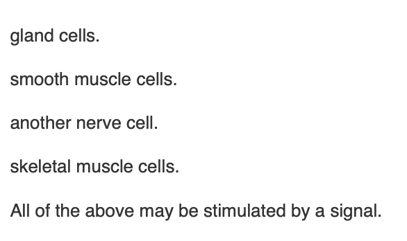 <p><span>Generation of an action potential by a neuron may ultimately stimulate</span></p>
