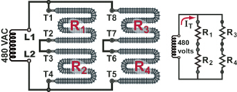 <p><em>A furnace with four resistance-heating elements installed is shown above at the left. The schematic for this equipment is shown at the right. </em><strong><em>Each</em></strong><span> </span><em>element is </em><strong><em>rated</em></strong><em> at 1,200 watts </em><strong><em>at</em></strong><em> 250 volts.</em><br><br><span>What is the total power delivered by the furnace (</span><em>all four heating elements together</em><span>) when connected to the 480-volt circuit shown in Figure 128.303?</span></p>