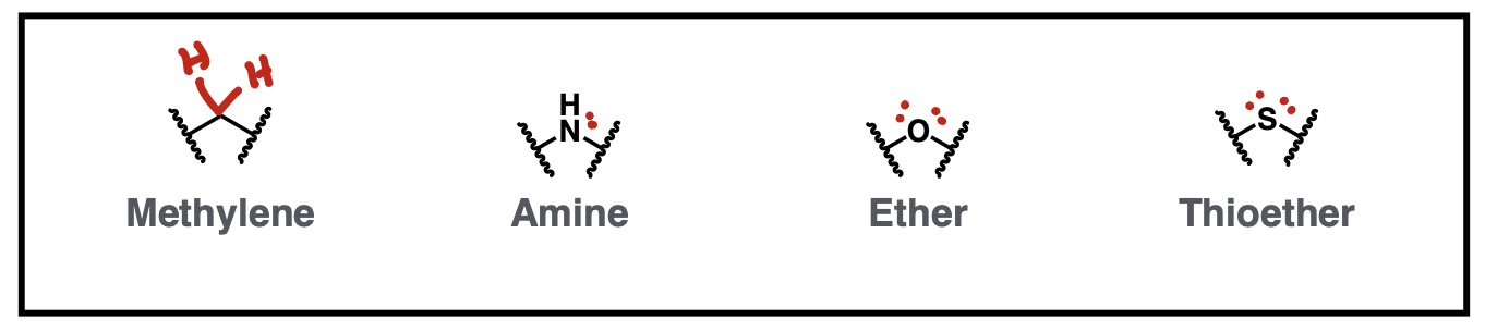 <p>methylene, amine, ether, thioether</p>