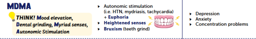 <p>MOA: Blocks reuptake of 5HT and DA<br><br>Intoxication: hallucinations, euphoria, disinhibition, bruxism, altered sense of time, altered sensation<br><br>Withdrawal: Anxiety, concentration difficulties, depression<br><br>Associations: serotonin syndrome, bruxism, hyponatremia/thrist/seizures (just like SSRIs can causes SIADH), hallucinogen persisting perception disorder (reexperiencing the intoxication due to the body’s storage of the excess drug)</p>