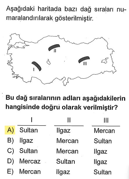<p><strong>I:</strong> Göller Yöresi'nin kuzeyindeki Sultan Dağları.</p><p><strong>II:</strong> Batı Karadeniz'in iç kesimindeki Ilgaz Dağları.</p><p><strong>III:</strong> Doğu Anadolu'daki (Erzincan-Tunceli hattı) Mercan (Munzur) Dağları.</p>