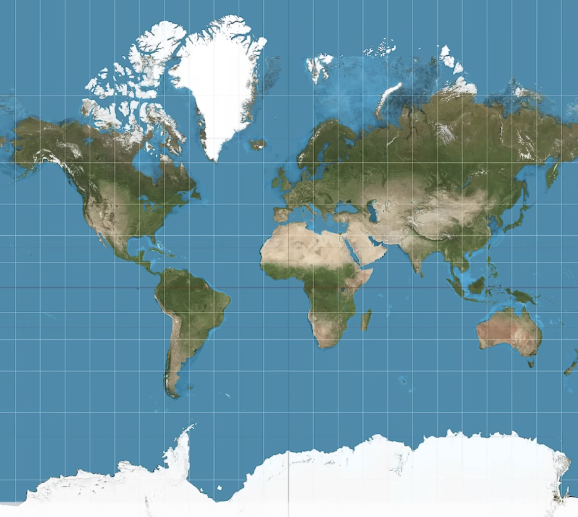 <p>Preserves direction and angles</p><p>Distorts area (landmasses become amplified at the poles)</p>