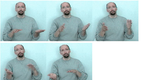 <p>dom hand faces down non dom hand faces up. Both hands move to the right and both up and down once</p>