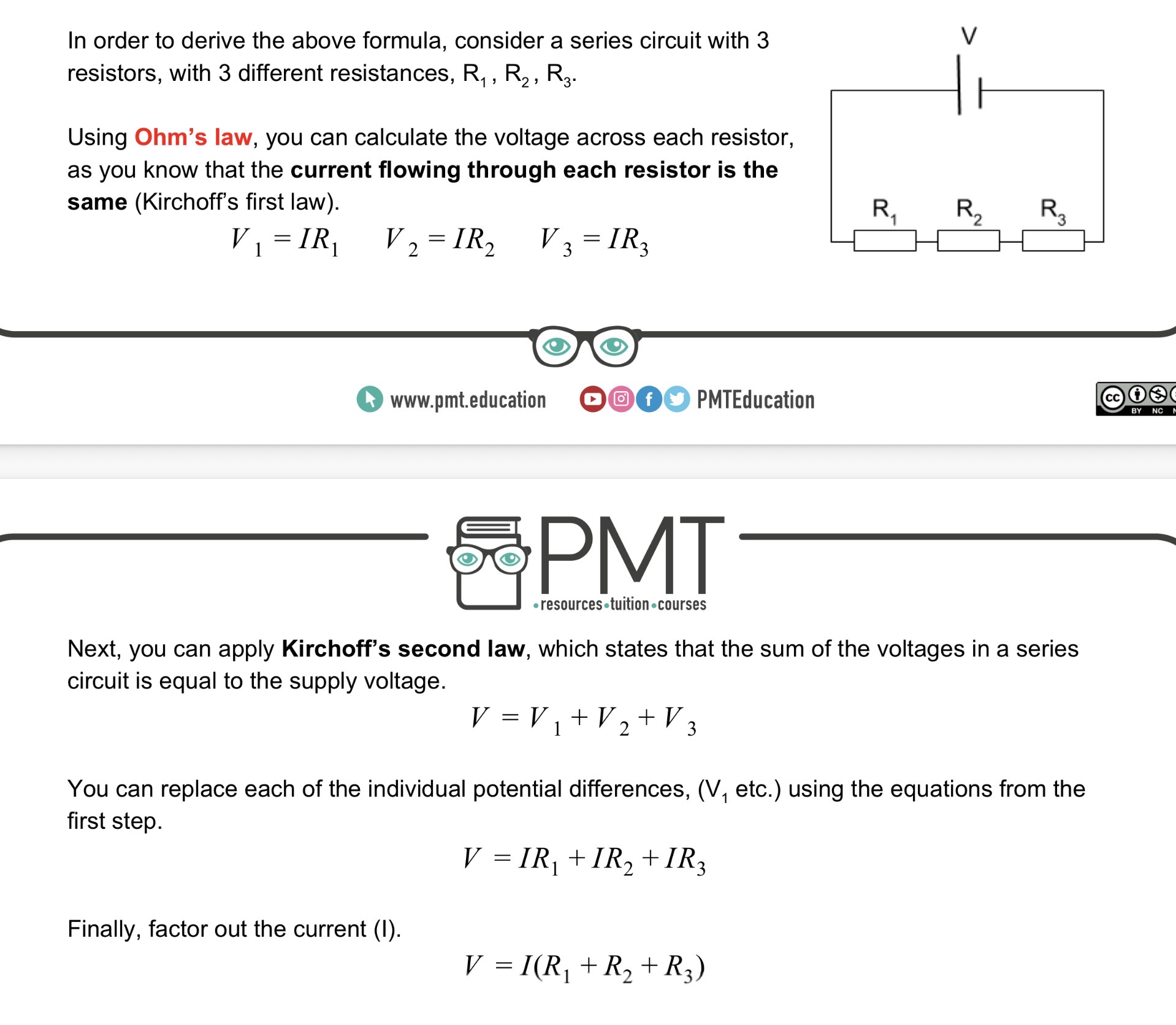 <p>The total resistance ($$R_T$$) is the sum of individual resistances: $$R_T = R_1 + R_2 + R_3 + \dots + R_n$$.</p>